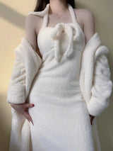 Cute hooded pajama for women in autumn and winter thickened coral fleece sexy sleepwear girl style suspender night gown set