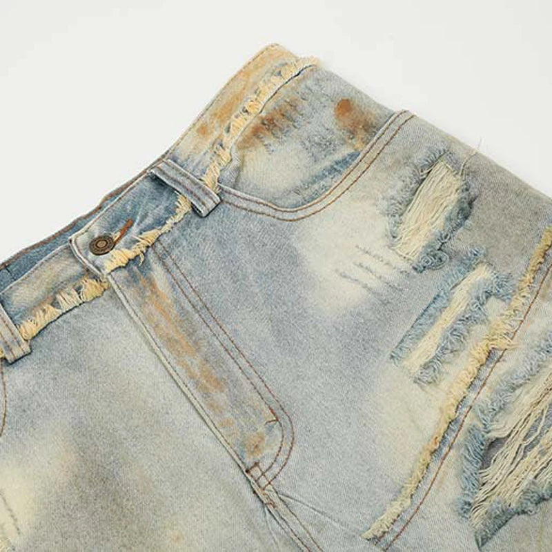 mens fashion ripped jeans blue straight baggy jeans trousers luxury loose casual distressed denim pants male unique jeans style 6044