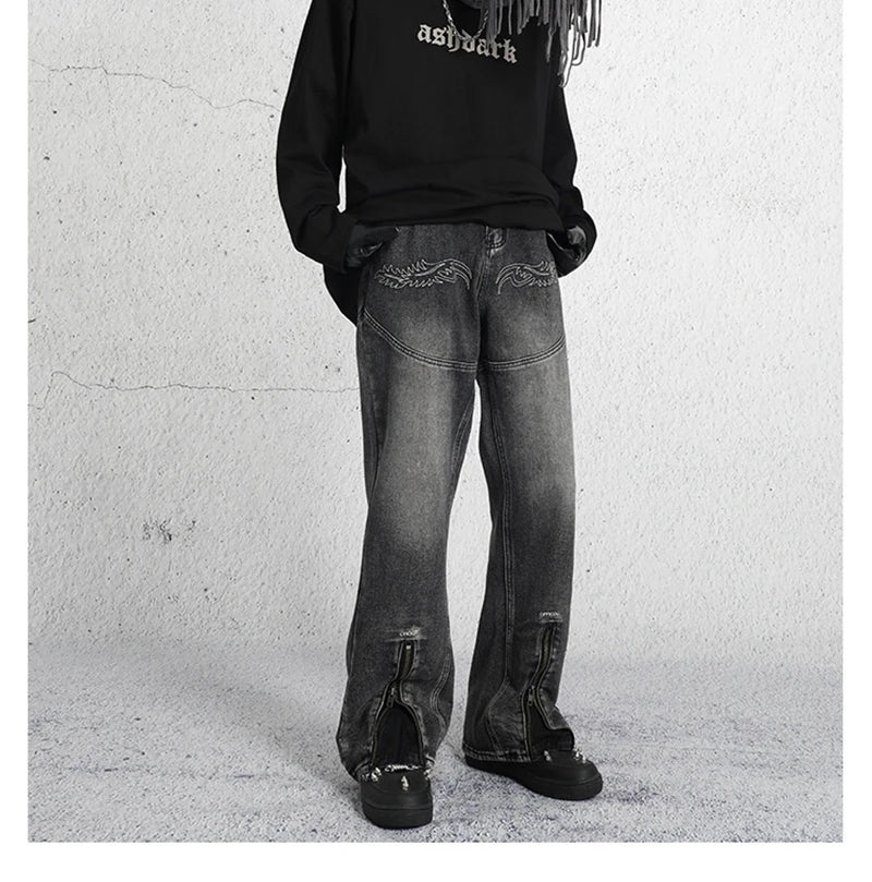 2023 dark streetwear totem embroidery vintage baggy men jeans pants feet zipper straight hip hop punk denim trousers ropa hombre unique jeans style 1769