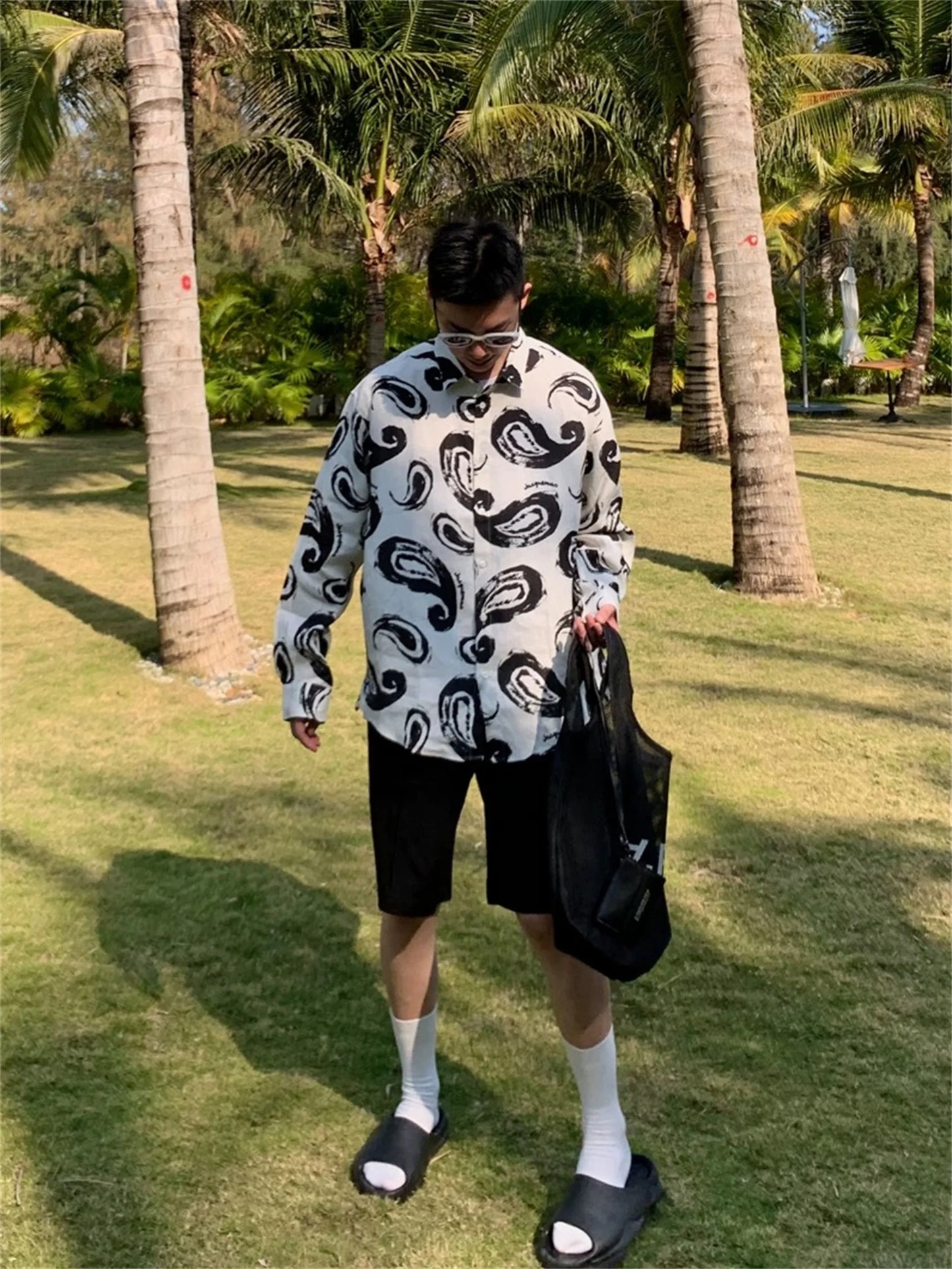 24ss New Retro Vintage Digital direct spray Cashew flower print High-Street Casual long sleeved shirt