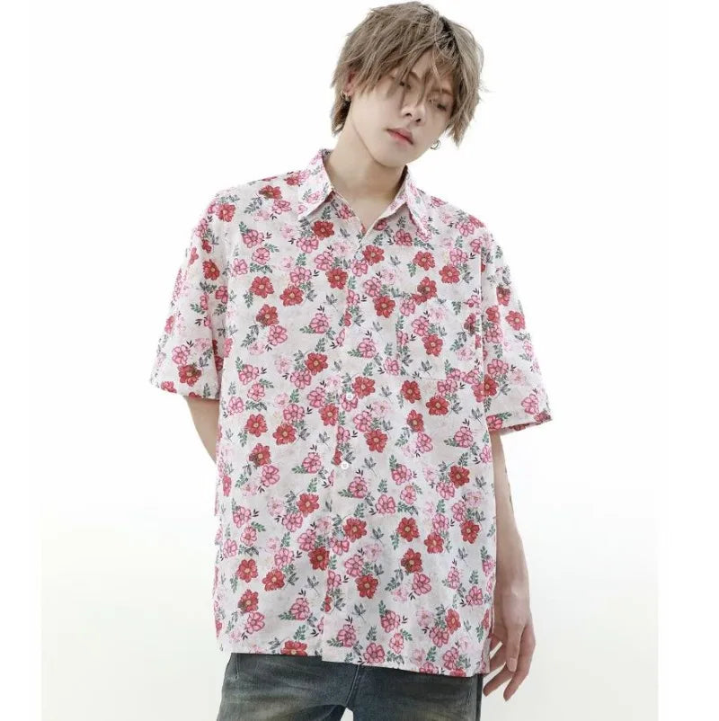 summer harajuku set mens flower print casual short sleeved top gradient straight leg jeans 2 pcs set high street trendy suit unique jeans style 4787