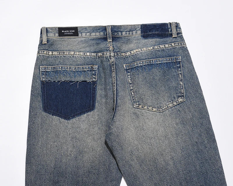 hole ripped retro straight spliced mens jeans streetwear washed pcoekts distressed denim trousers loose hip hop jean pants unique jeans style 533