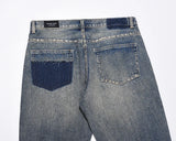 hole ripped retro straight spliced mens jeans streetwear washed pcoekts distressed denim trousers loose hip hop jean pants unique jeans style 533