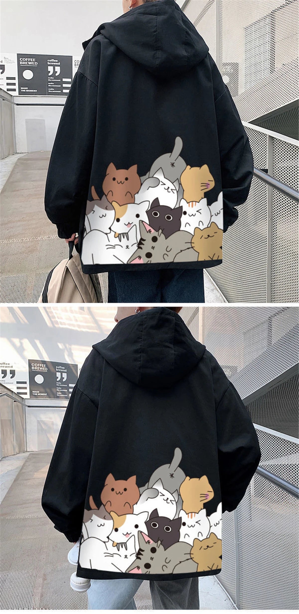 Black Cat Print Baseball Jacket Boys Long Sleeve Loose Ins Harajuku Hi