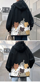 Black Cat Print Baseball Jacket Boys Long Sleeve Loose Ins Harajuku Hi