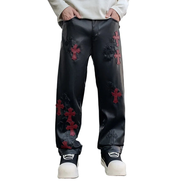 leather pant men streetwear brand hip hop loose casual straight leather motorcycle pant man y2k trousers stage clothing urban fashion pants
