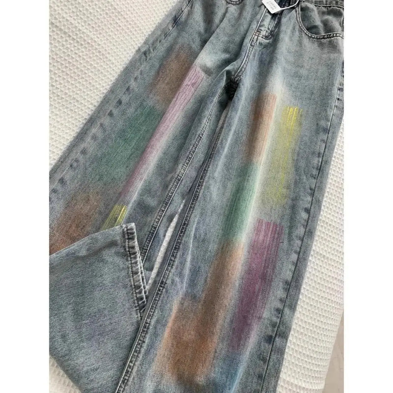 american retro personalized trend color gradient jeans for men and women new washed straight leg micro flared casual pants y2k vintage washed jeans