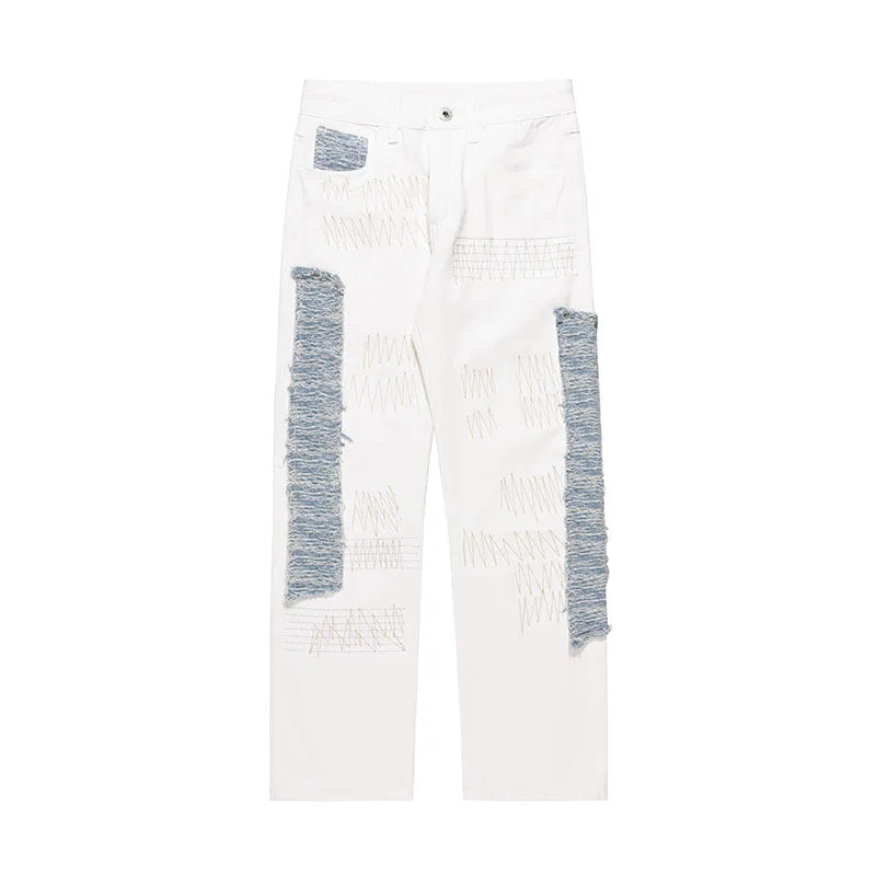 irregular sewing scratched patchwork denim jeans men casual straight biker zipper trousers streetwear hip hop jean pants joggers unique joggers style 3580
