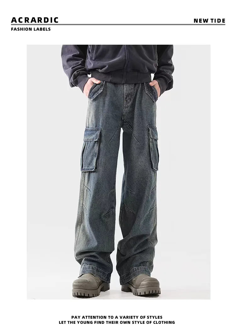 american spring and autumn street trendy personalized work clothes jeans for couples loose retro straight leg casual pants y2k unique jeans style 4983