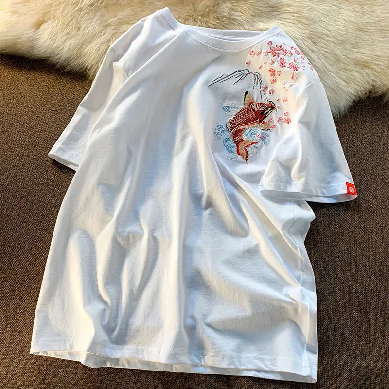 Cyberpunk Graphic Tee – New Summer Aesthetic Vintage Carp Fish Embroidery T Shirts W – Modern Streetwear for Everyone