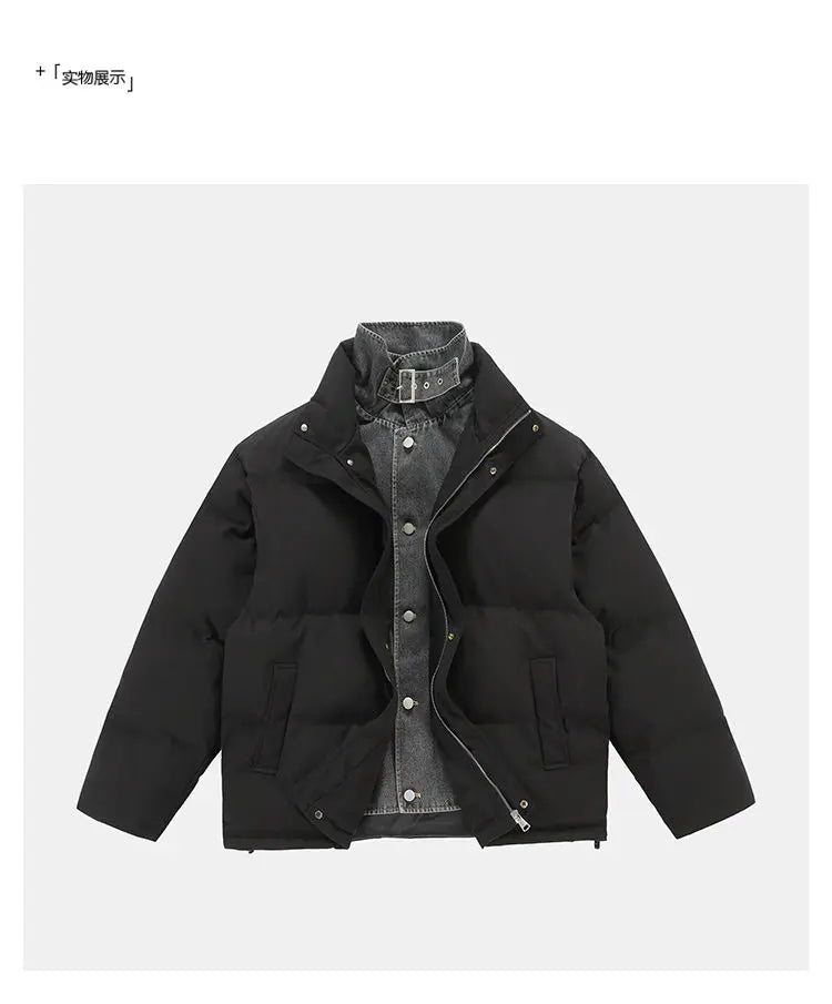 Winter Splice Denim Cotton-padded Jacket Men Women Stand Collar Fashion Loose Casual Thicken Warm Parkas Jacket Boyfriend Coat