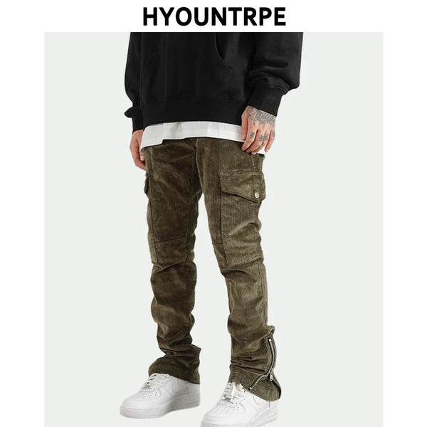 mens corduroy cargo pants new casual hip hop side pockets skinny trousers streetwear bottom zipper fashion slim fit pant joggers casual joggers