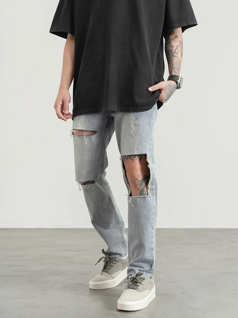 destroied big holes ripped denim jeans mens distressed biker jeans fashion high street slim straight pants streetwear joggers streetwear sweatpants