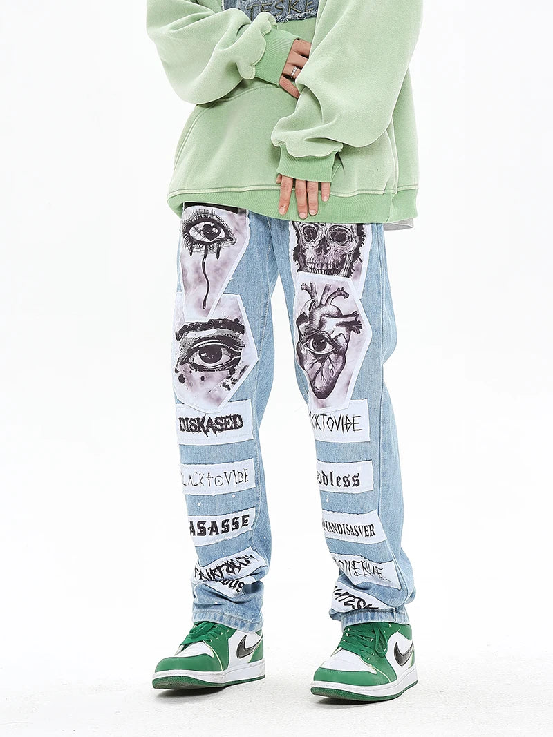 fashion skull graffiti patchwork denim jeans mens zipper jeans hip hop streetwear casual harajuku straight joggers jeans pants unique joggers style 1004