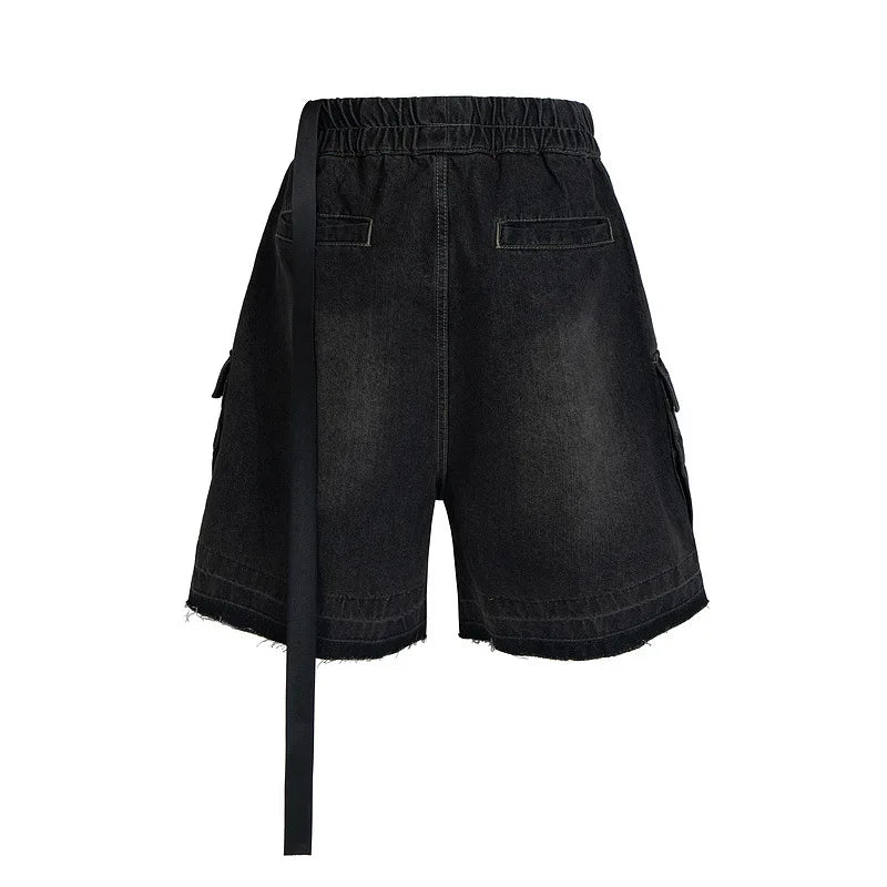Men's and Women's High Street Vintage Splicing Cat Whisker Cargo Denim Shorts Zip Up Raw Edges Pockets Mens Jeans Shorts Ribbon