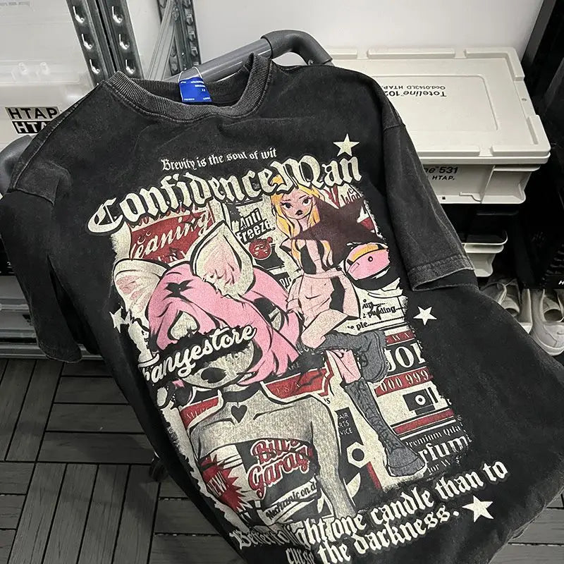 Trapwear Broken heart – Trendy Brand American Retro Anime Print Washed And Distresse
