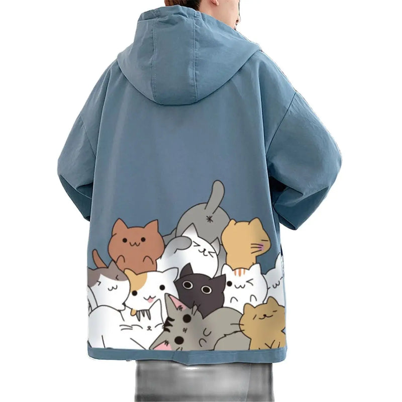 Black Cat Print Baseball Jacket Boys Long Sleeve Loose Ins Harajuku Hi