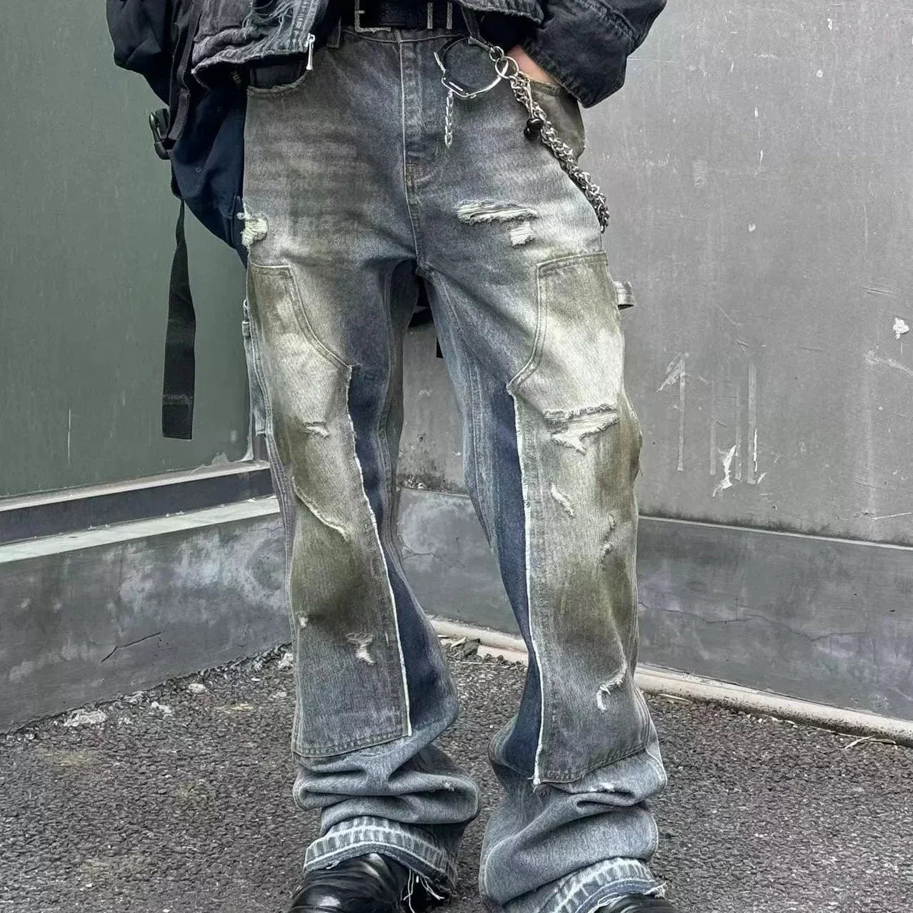 Streetwear Handmade Mud Dyed Dirty Blue Baggy Jeans for Men Distressed Hole Casual Patchwork Denim Trousers Oversized