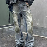 Streetwear Handmade Mud Dyed Dirty Blue Baggy Jeans for Men Distressed Hole Casual Patchwork Denim Trousers Oversized