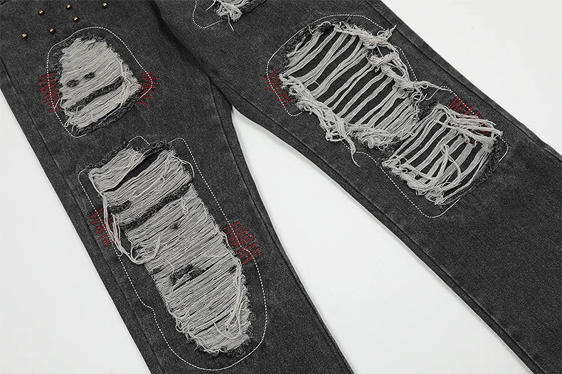 destroy ripped holes patchwork denim jeans men unisex casual rivet bottom zipper trousers jeans streetwear hip hop pants joggers unique joggers style 3645