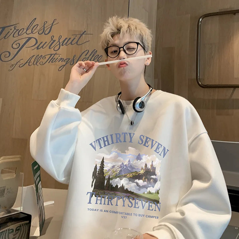 Autumn Oil Painting Landscape Print Cotton Sweatshirt Men Loose Casual Crewneck Pullover Hoodies Korean