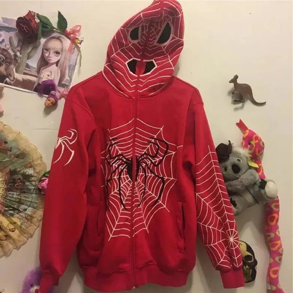 Mens Clothing Warm Harajuku Vintage Spider Web Red Graphic Hoodies Gru