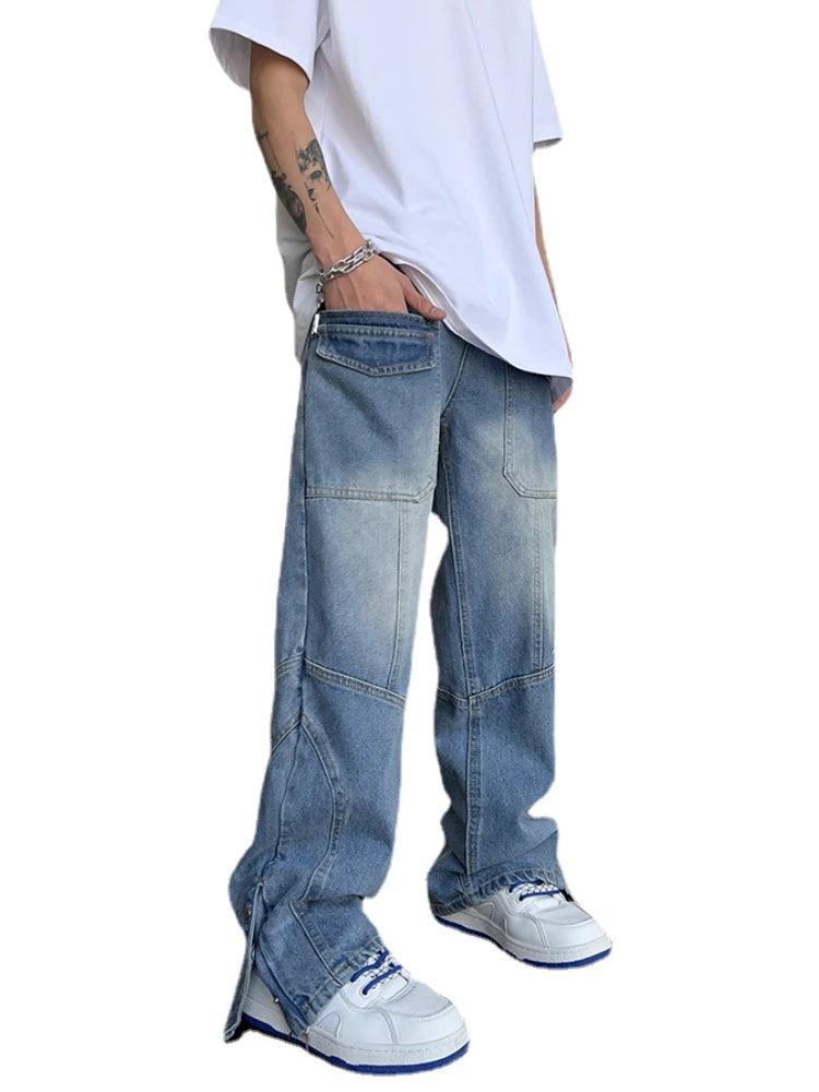 fashion straight denim jean pants unisex casual bottom button open pants high street cargo trousers hip hop zipper joggers men relaxed fit joggers