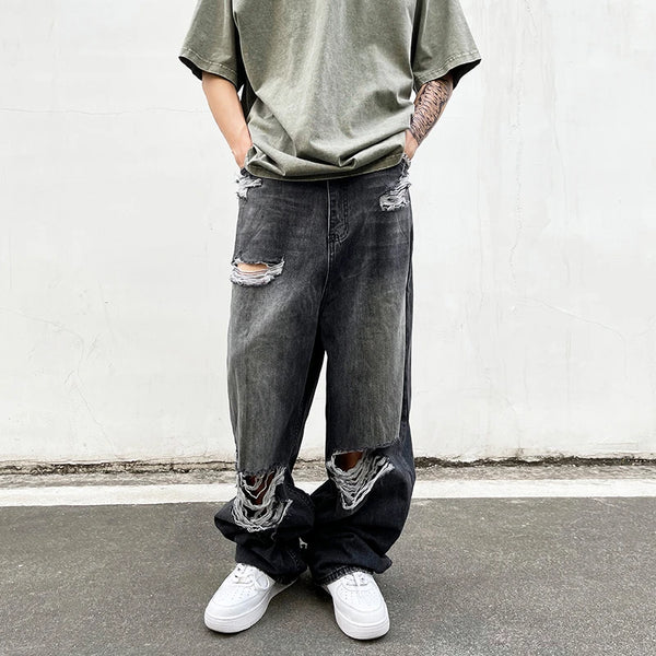 baggy ripped jeans damaged heavy industry washed jeans mens vintage vibe loose casual straight worn pants denim trousers denim street jeans