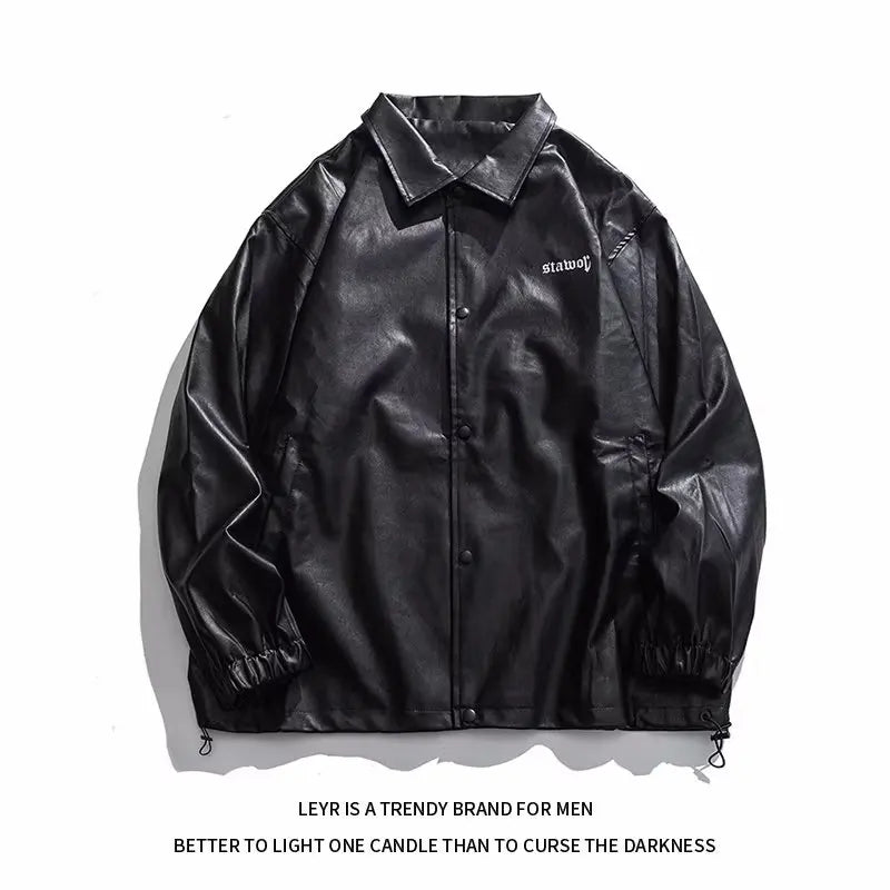 Mens Leather Bomber Jacket Women Hip Hop Letter Motorcycle Loose Casual PU Coat Unisex High Street Racing Varsity Black Outwear