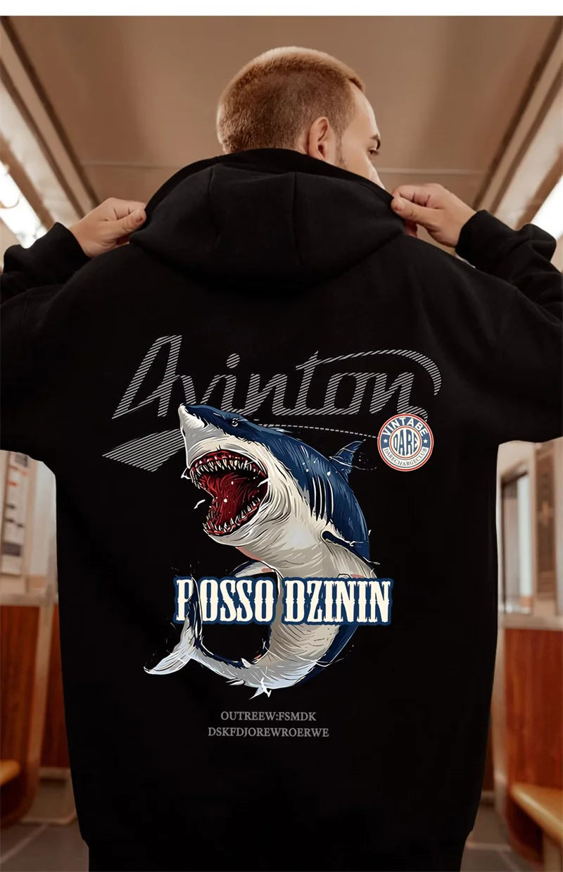 Y2K Streetwear Anime Shark Printed Hoodies For Men Autumn Oversized