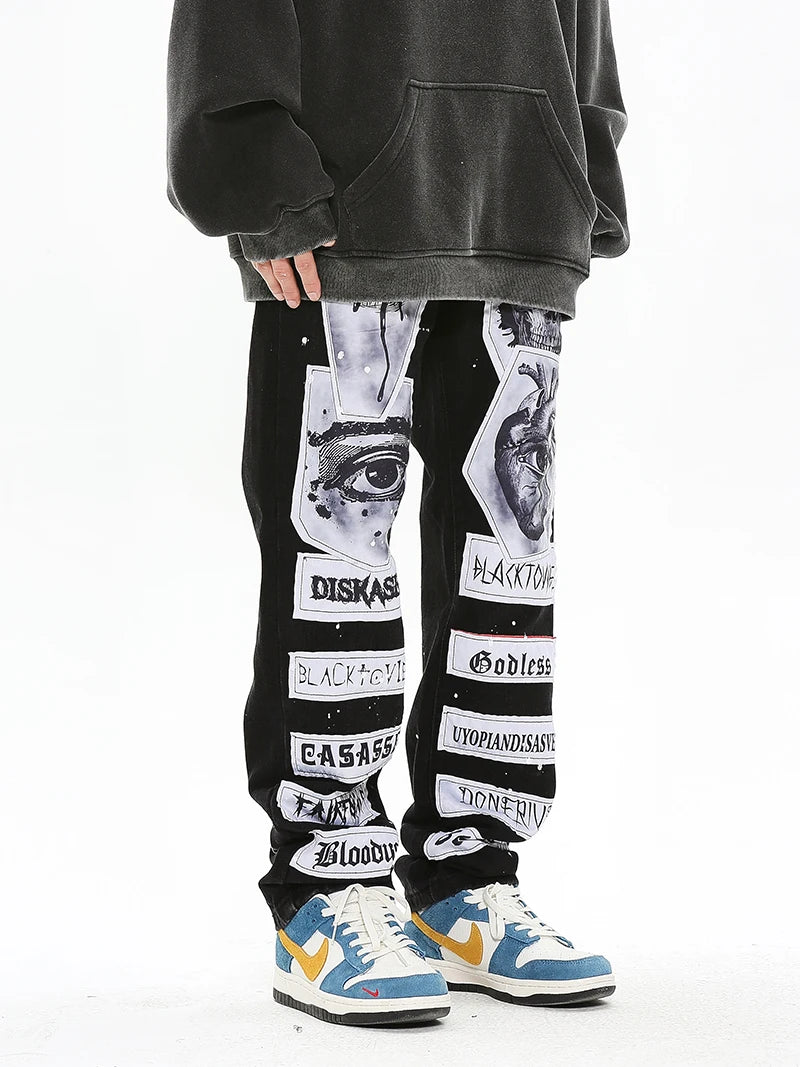 fashion skull graffiti patchwork denim jeans mens zipper jeans hip hop streetwear casual harajuku straight joggers jeans pants unique joggers style 1000