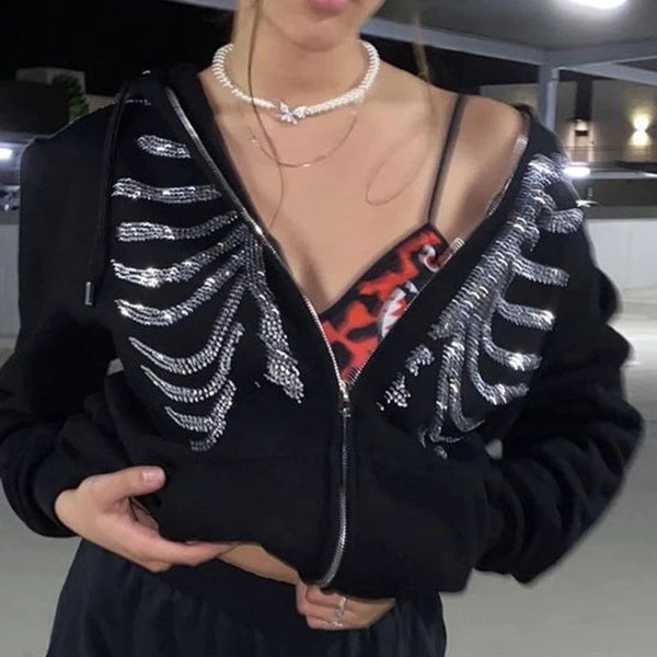 Y2K Rhinestone Skeleton Hoodies Women Gothic Black Zip Up Oversized Sw