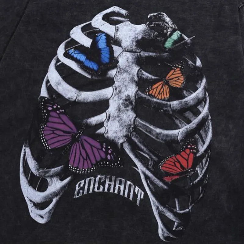 Harajuku Streetwear top – Harajuku Skeleton Printed Retro Distressed Washed T Shirt Me
