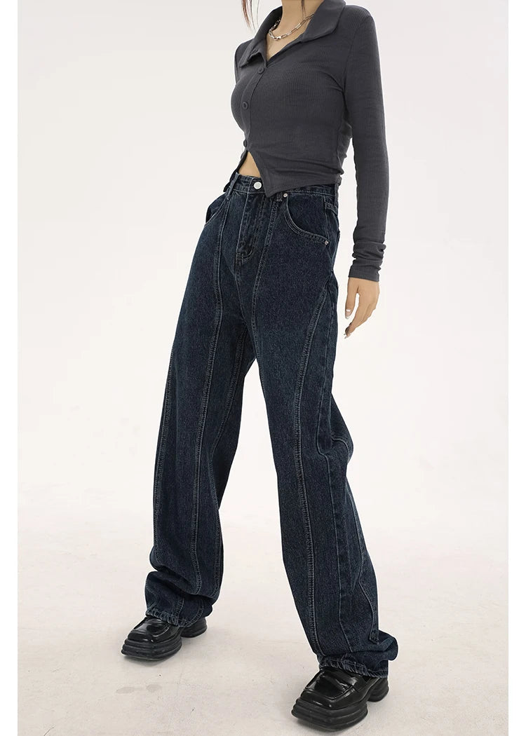 navy blue vintage jeans womans high waist summer wide leg denim trouser baggy streetwear chic design ladies straight jean pants unique jeans style 2877