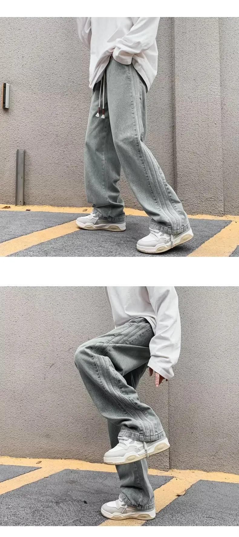 men jeans straight leg jeans boys american fashion wash old side stripes wide leg pants autumn vintage overalls unique jeans style 3910