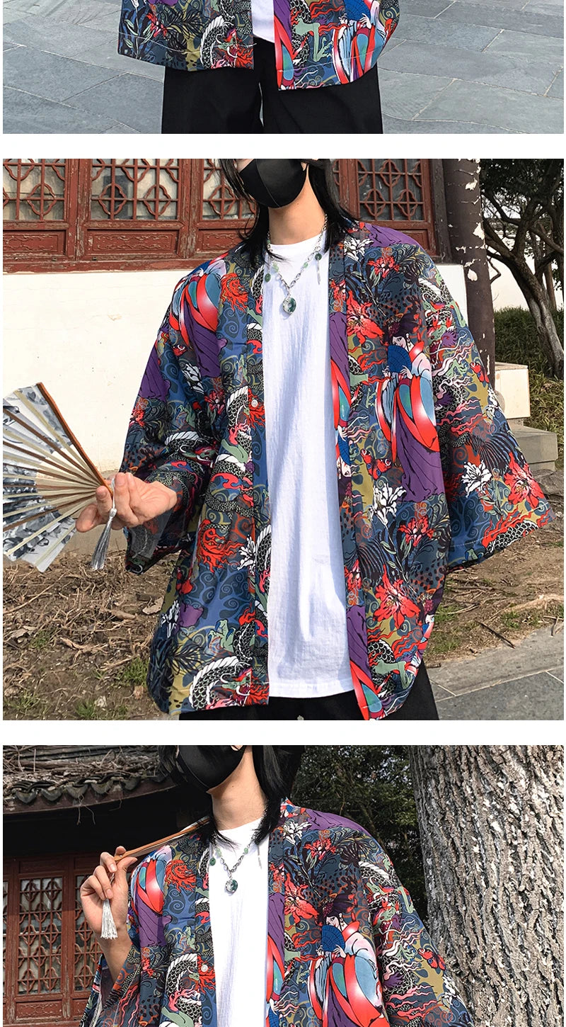 Japanese Style Men's Lightweight Kimono Jacket Dragon Print Kimono Cardigan New Arrival Street Shirt Harajuku Kimono Couple Tops