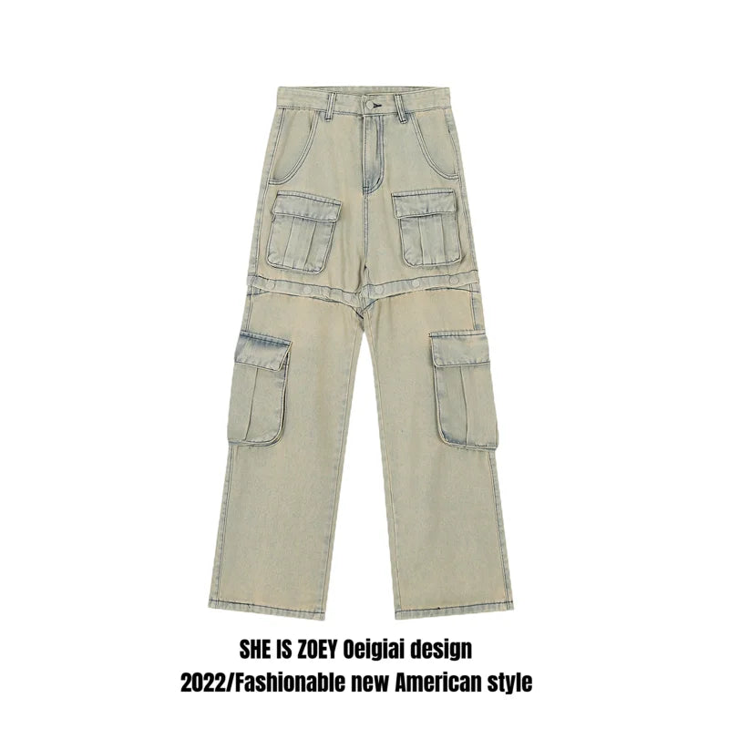 american retro buttons detachable design wide cargo jeans mens womens straight leg pants hip hop washed jeans overall 2023 unique cargo style 909