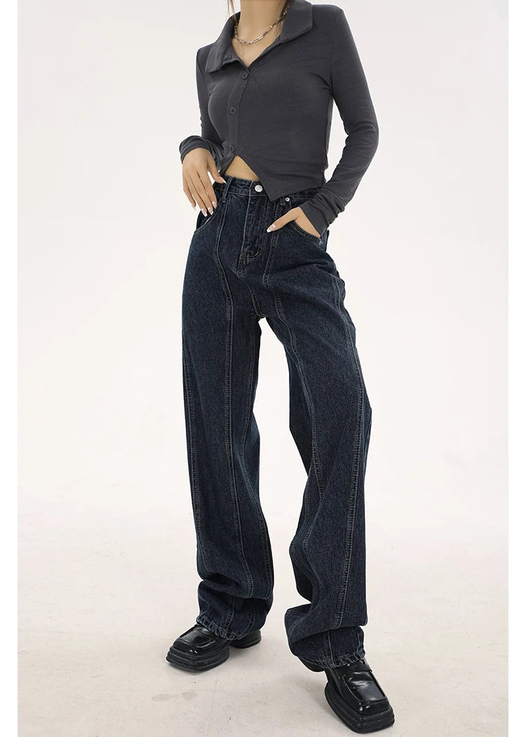 navy blue vintage jeans womans high waist summer wide leg denim trouser baggy streetwear chic design ladies straight jean pants unique jeans style 2876