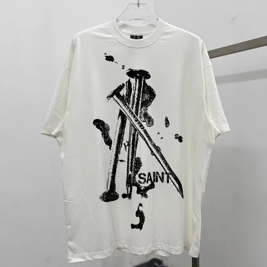 Vaporwave Fashion – Summer New Saint T Shirt Chaopai 3D Steel Nails Direct Spray – Edgy Streetwear for All Genders