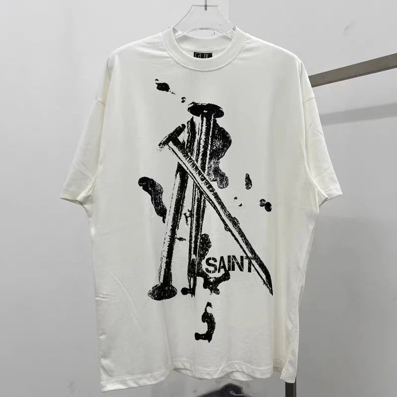 Vaporwave Fashion – Summer New Saint T Shirt Chaopai 3D Steel Nails Direct Spray – Edgy Streetwear for All Genders