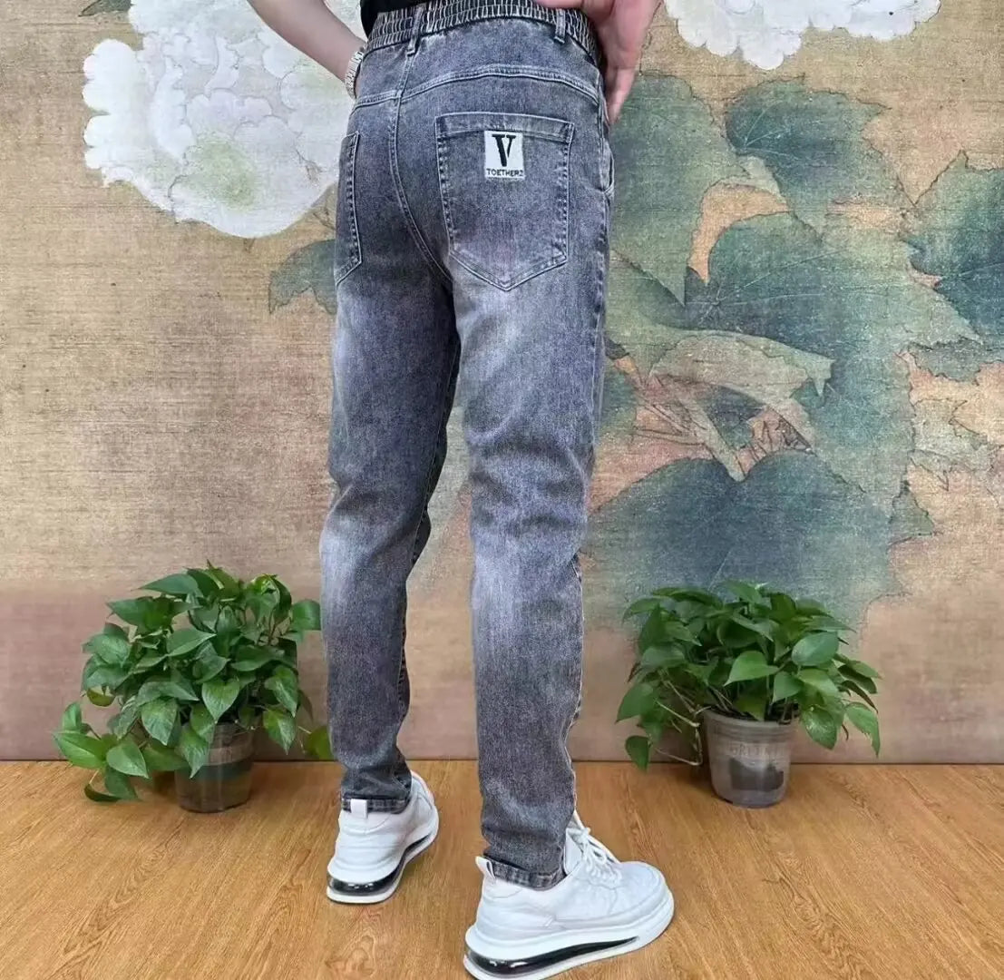 men harem drawstring jeans cool casual stretch elastic waist trousers male denim pants hip hop korean harem joggers cargo jeans sporty tapered joggers