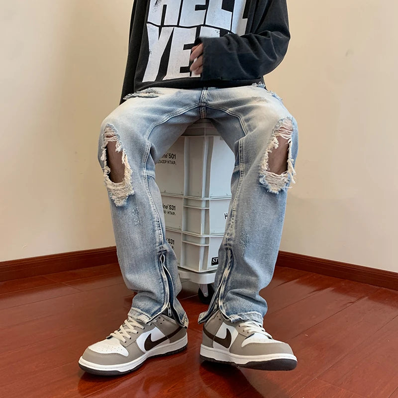 bottom zipper destroyed washed jeans skinny jeans ripped holes trousers men biker jeans fashion streetwear hip hop pants joggers urban active pants