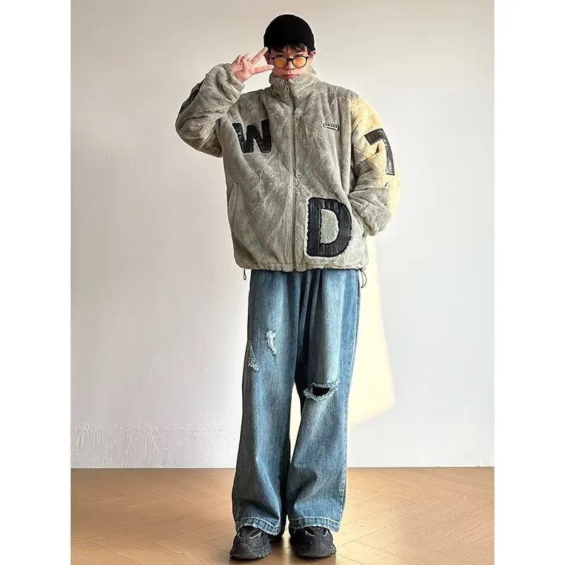 Street Lamb Wool Jacket Mens 2024 Winter Stand Collar Letter Patchwork College Parkas Fleece Warm New Thickening Couple Coats
