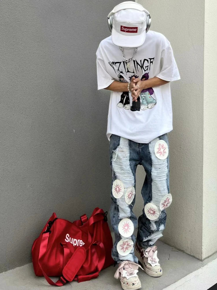 harajuku y2k stars embroidery patchwork ripped holes denim jeans casual straight jean pants mens hip hop streetwear jeans pants denim street jeans