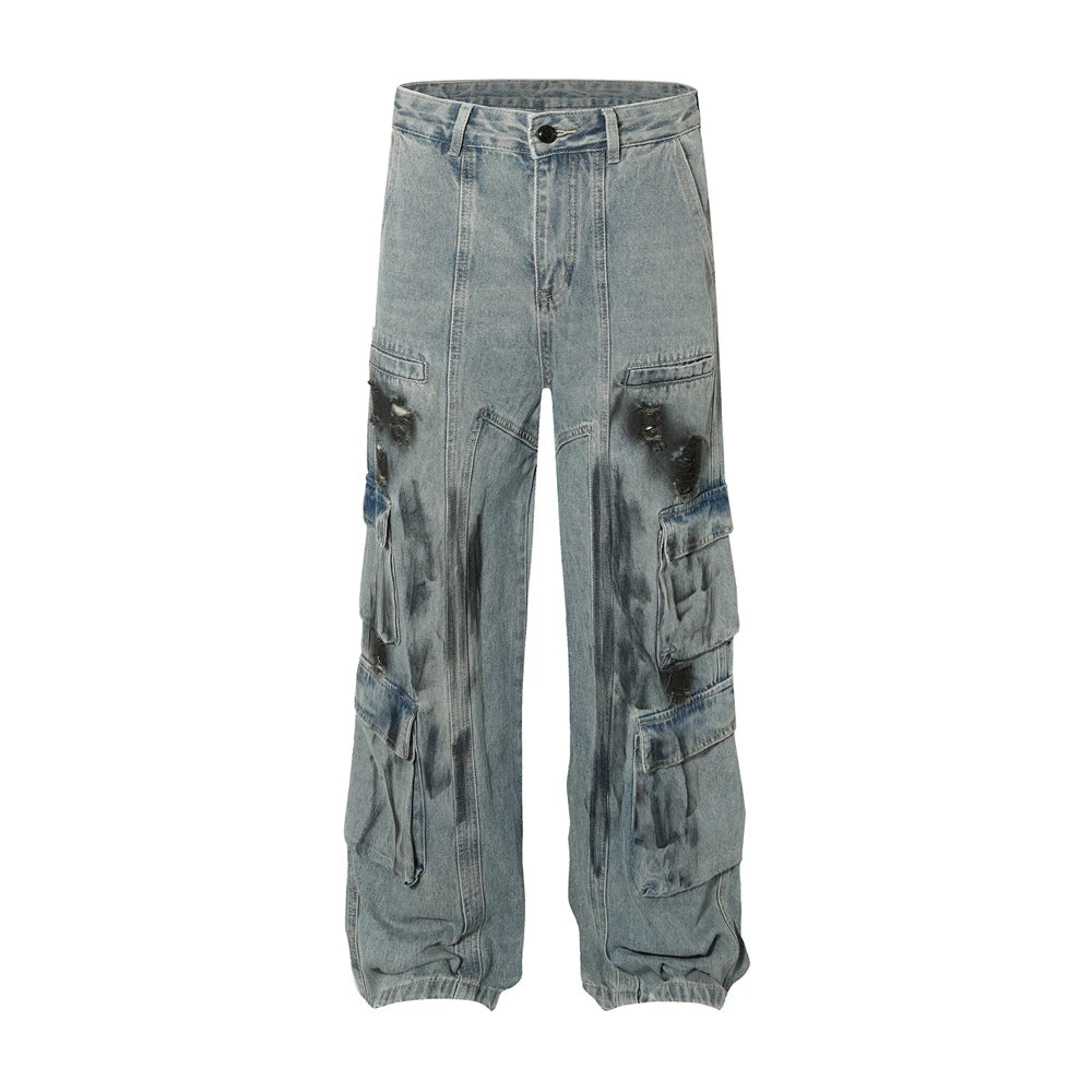 vintage multi pocket jeans mens harajuku cargo denim pants retro hip hop straight loose jean pants men clothing unique cargo style 1281