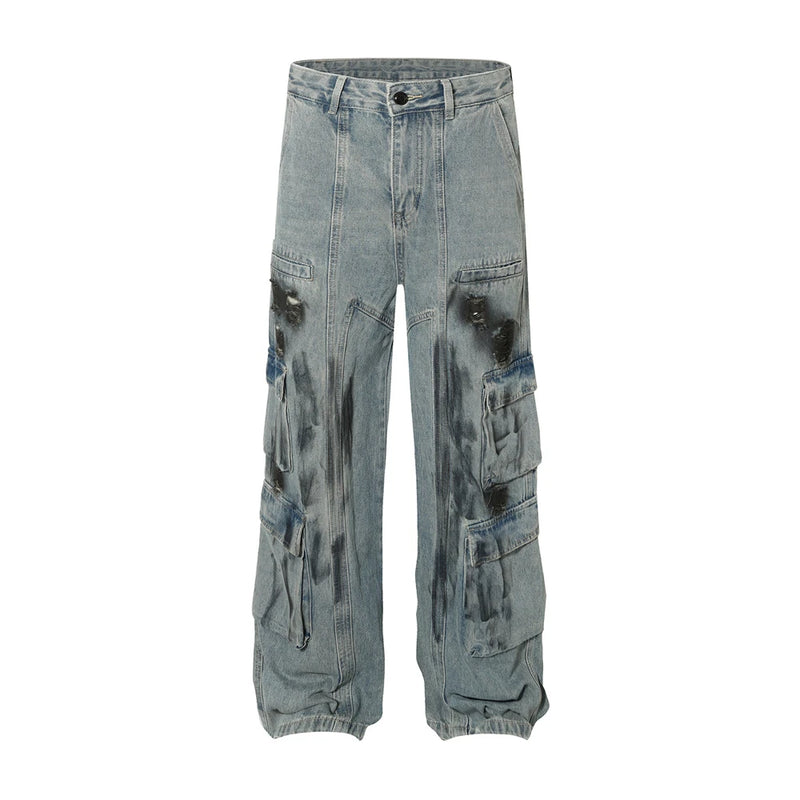 vintage multi pocket jeans mens harajuku cargo denim pants retro hip hop straight loose jean pants men clothing unique cargo style 1281