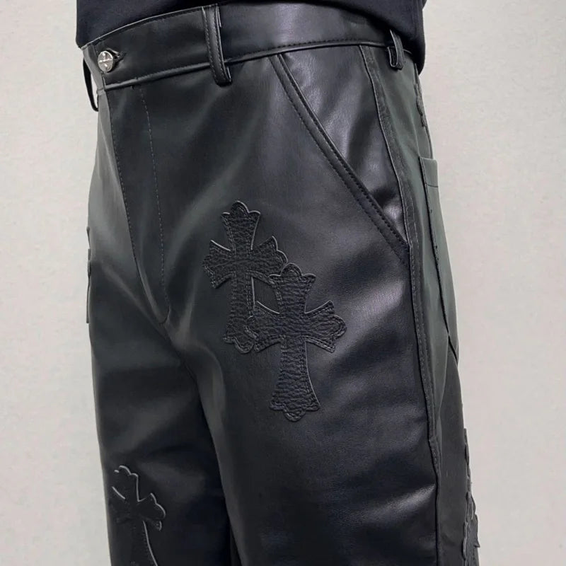 pu leather pants men streetwear fashion hip hop punk gothic vibe casual faux leather pant man boyfriend motorcycle trousers unique default style 3030