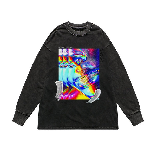 Harajuku Streetwear – Rainbowtouches Washed T Shirt Long Sleeve Vintage Colorful P – Edgy Streetwear for All Genders
