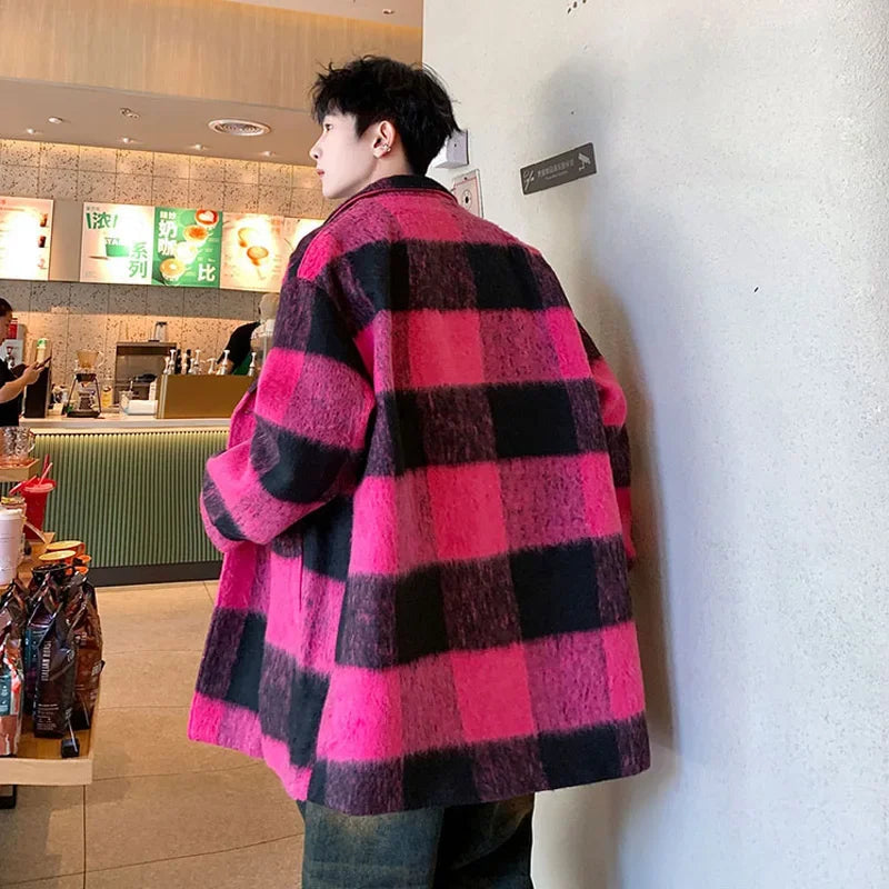 Plaid Woolen Trenchcoat Men Autumn Winter Fashion Retro Streetwear Suit Collar Loose Casual Trendy Trench Coat Outerwear