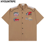 Fashion Mens Racing Embroidered Short Sleeves Shirt Casual Short Sleeve Hawaiian Shirt Hip Hop  Harajuku Streetwear Loose Shirts